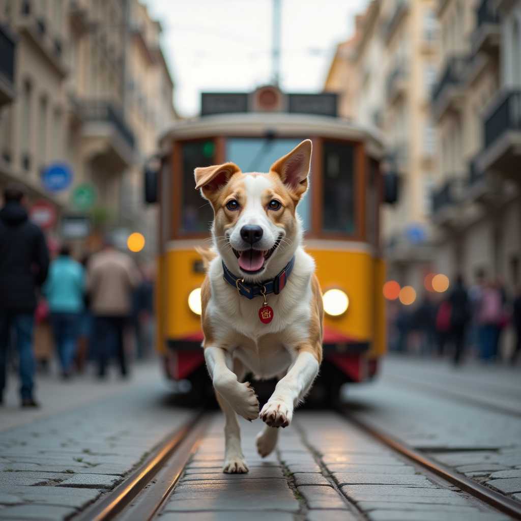 a dog running through a tram