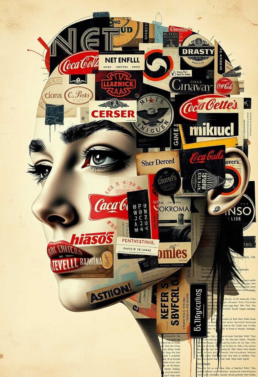 A close-up portrait of a woman's face, intricately composed from a collage of old brand logos, vintage magazine scraps, and photographic elements, interwoven with dynamic hand painting strokes. The collage pieces form her features with precision, creating a striking, multi-textured composition. The style is heavily inspired by David Carson's avant-garde, chaotic yet structured approach, blending typography, distressed textures, and bold, abstract lines. The background remains muted, keeping the focus entirely on the face, with hints of faded colors and fragmented texts peeking through. Lighting is soft with a nostalgic, sepia-toned hue, giving the collage an aged, vintage feel. The overall mood is one of creative complexity, merging the past and the present in a visually arresting manner.