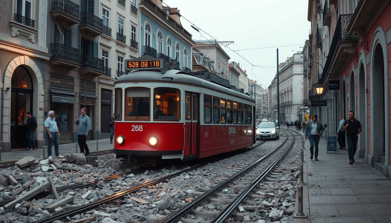 tram 28 in lisbon during an earthquake