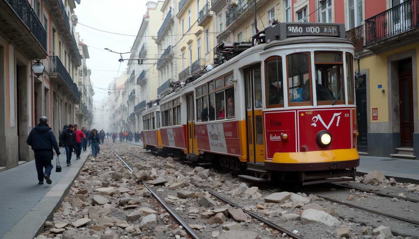 tram 28 in lisbon during an earthquake