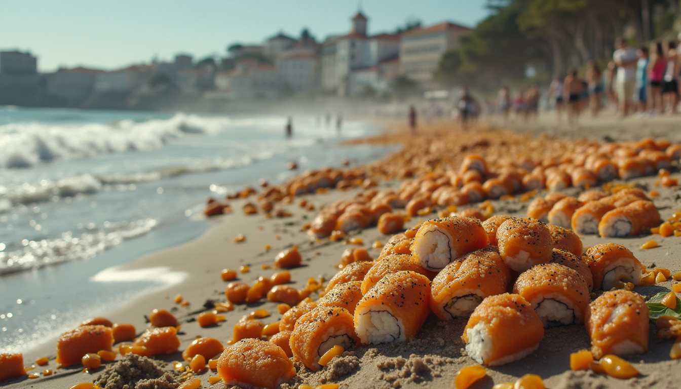 earthquake in lisbon where the beach is covered in sushi rolls
