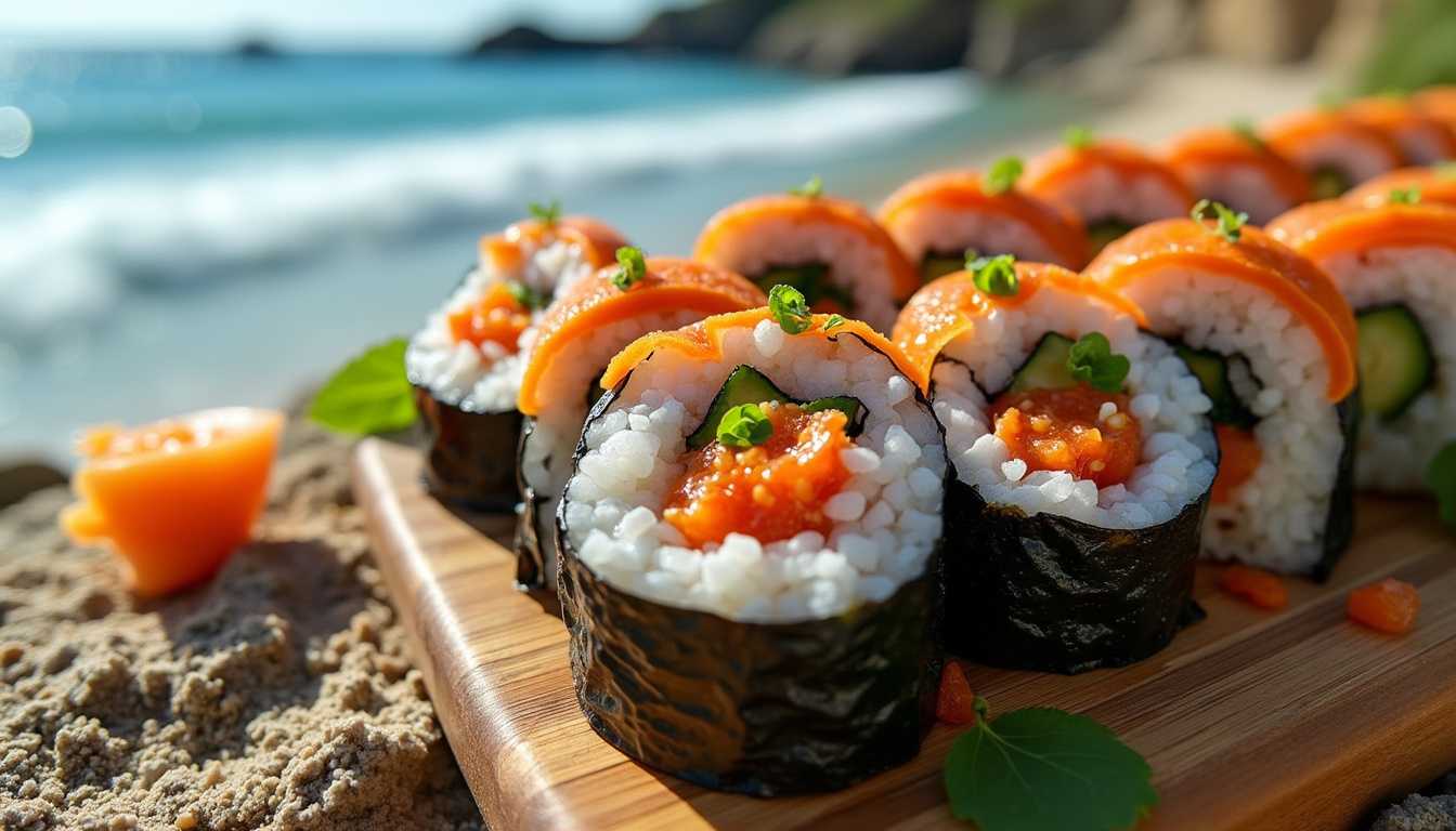 a portuguese beach covered in sushi rolls