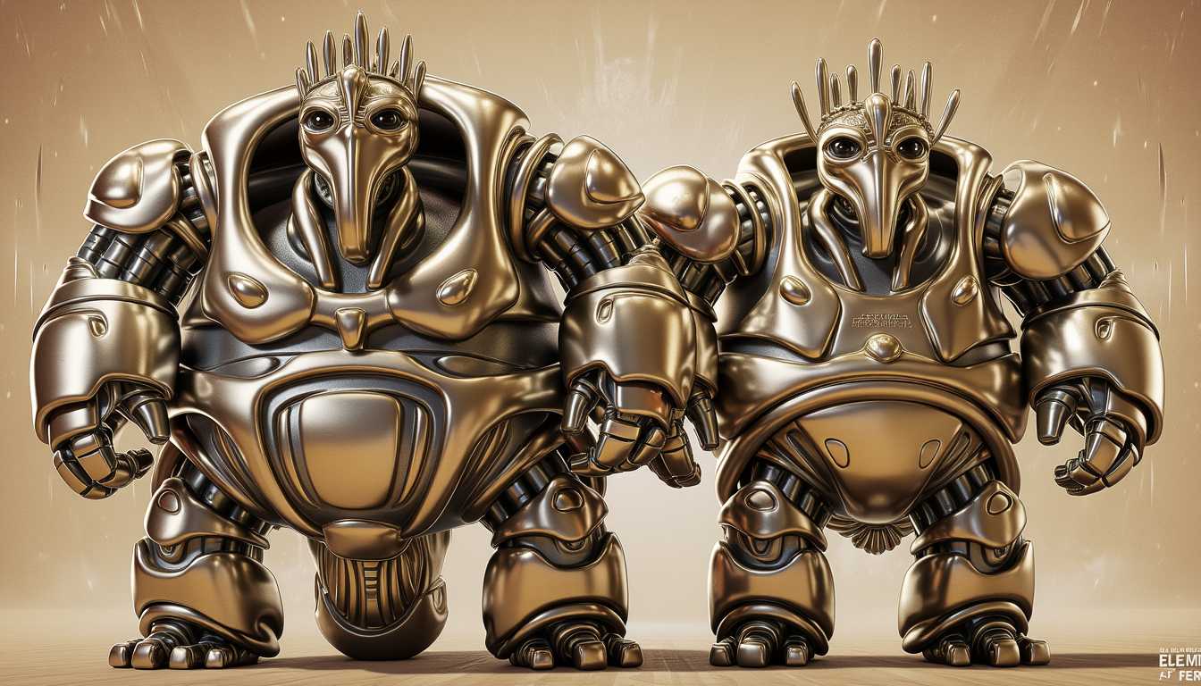 a MDO, Ultra Sharp Details with 256-bit pixel Graphics & ILLUSTRATION: The Mondoshawans’ heads resemble more of a beak-like robotic mask, adding an avian quality to their otherwise mechanical appearance. This beak-like structure, paired with their small heads in comparison to their large, bulky bodies, further enhances their mysterious, alien nature. Their heads are crowned with an intricate headpiece, adding a regal, ceremonial touch to their design. The combination of these features—mechanical limbs, segmented joints, and beak-like masks—creates an imposing yet dignified presence, highlighting their role as ancient protectors in The Fifth Element.