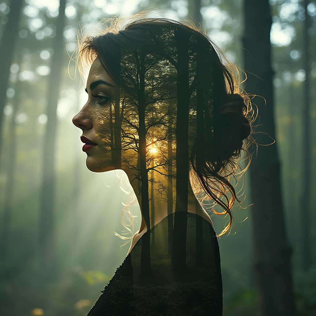 Double exposure of a serene forest merging with the contemplative profile of a woman, where the trees weave through her hair and her eyes reflect the dappled sunlight. The scene is softly illuminated by a golden hour glow, creating a mystical and ethereal atmosphere. The forest appears dreamlike and almost surreal, blending seamlessly with her elegant silhouette.