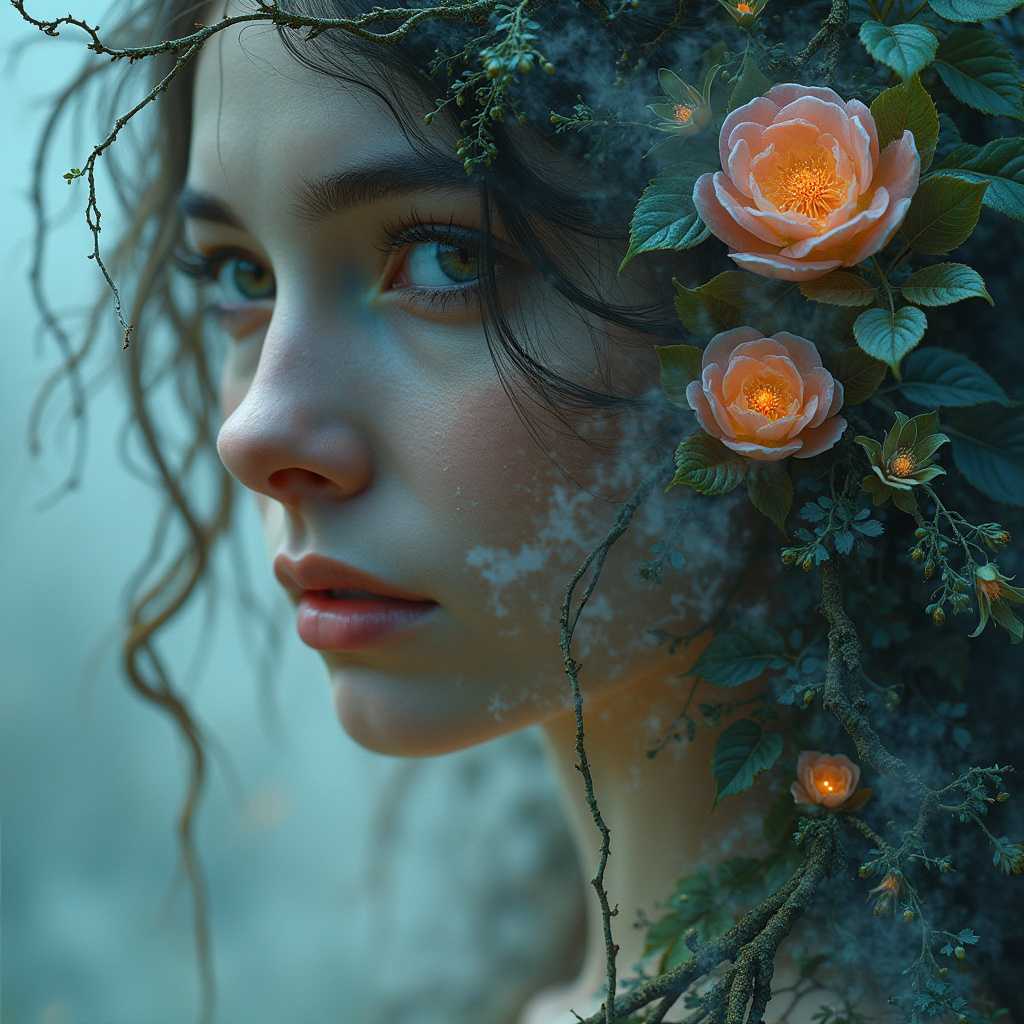 A whimsical double exposure combining the delicate features of a woman with the enchanting depths of an ancient forest. Her face emerges from behind a veil of mist and intertwined branches, with vibrant, bioluminescent flora glowing softly in the background. The scene is rendered with a painterly quality, evoking the feel of a fantasy fairytale or an otherworldly dreamscape.