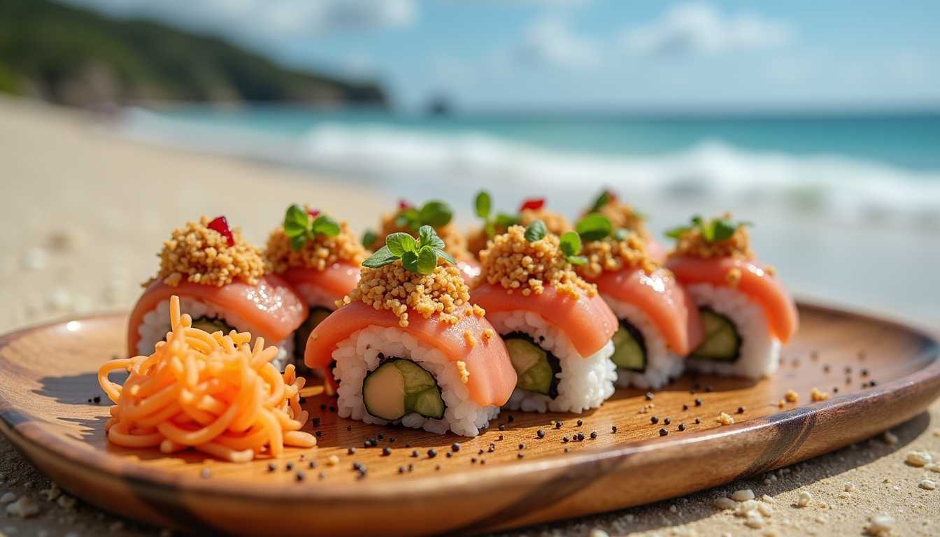 a sushi covered beach