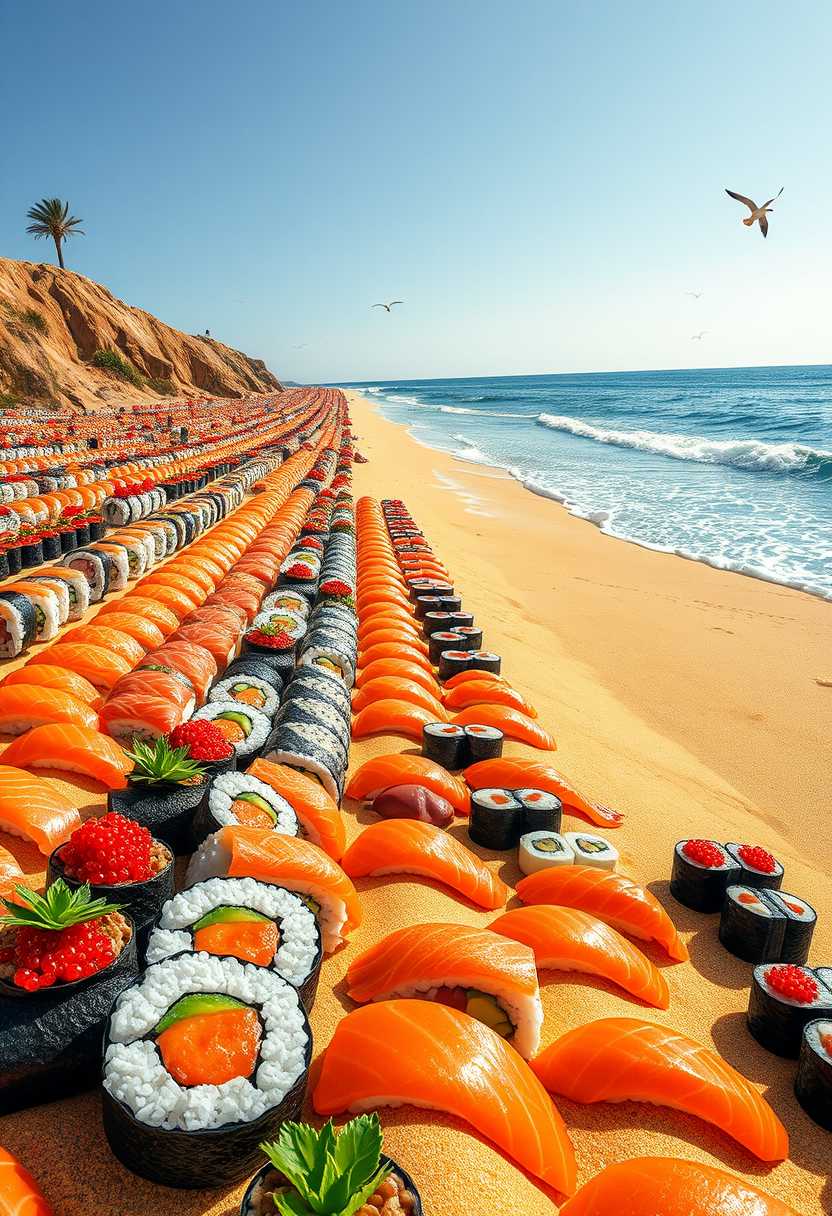 **A surreal, dreamlike scene of a beach entirely covered in sushi**: The soft golden sands of the beach are seamlessly replaced with an array of colorful sushi pieces, extending as far as the eye can see. The sushi is meticulously arranged in intricate patterns, with rolls, nigiri, and sashimi creating a vibrant tapestry. Vivid hues of fresh salmon, tuna, avocado, and roe contrast against the backdrop of the deep blue ocean and the clear sky.

**Artistic Style**: Surrealism with influences from modern Japanese pop art

**Composition**: The scene is viewed from a slightly elevated, wide-angle perspective, capturing both the expanse of sushi-covered beach and the ocean meeting at the horizon. In the foreground, a detailed close-up of individual sushi pieces can be seen, each with finely textured fish and glistening rice. In the midground, the sushi patterns become more abstract, blending into the beachscape. The background showcases gentle waves lapping at the shore, with a few seagulls soaring in the distance.

**Mood and Atmosphere**: A whimsical, playful mood, evoking a sense of wonder and surreal joy. The time of day is late afternoon, with the sun beginning to set, casting a soft, warm golden glow
