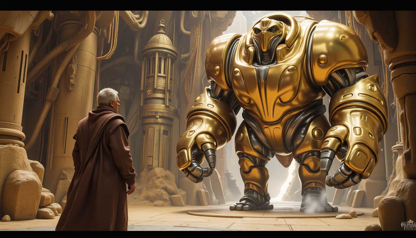 a MDO, Ultra Sharp Details with 256-bit pixel Graphics & ILLUSTRATION: inside the ancient temple, the air is thick with the weight of impending doom as the massive stone gate begins to descend. The elderly priest, dressed in his ceremonial robes, stands before the towering Mondoshawan—a large, golden-armored being with a rather small beak-like, mechanical face in contrast to its body. The priest, desperation in his eyes, pleads with the Mondoshawan to leave with the key before the gate closes, fearing the loss of hope for the future. The Mondoshawan, its movements slow and deliberate, gazes down at the priest. Its voice, deep and echoing with ancient wisdom, calmly reassures him: 'Priest, only life important.' The stone gate continues to lower as the Mondoshawan reaches out one large, segmented hand, its geometric key held tightly between its armored fingers. The gate slams shut, trapping the Mondoshawan inside, but the hand remains visible, clutching the key—its final act of sacrifice and protection for the future.