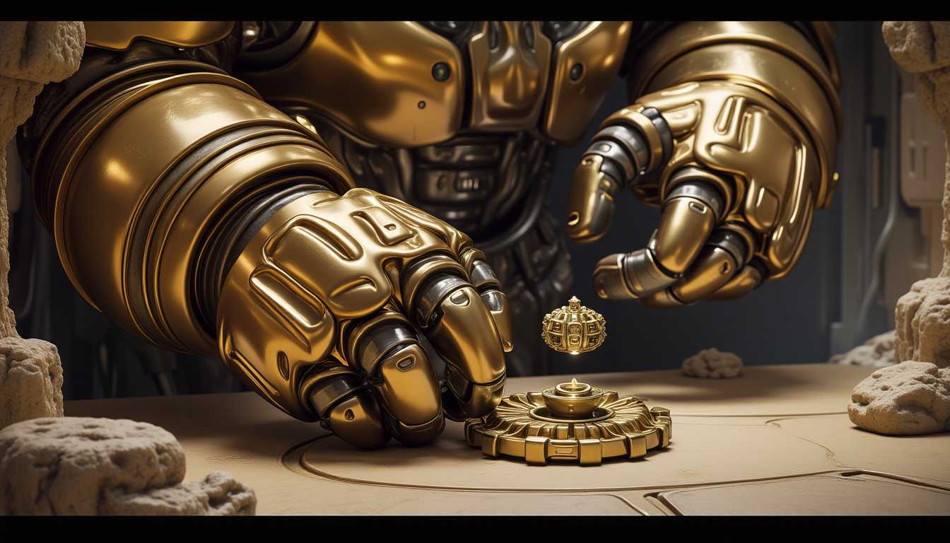 Robotic Hands with Golden Armor Adorned with Intricate Details