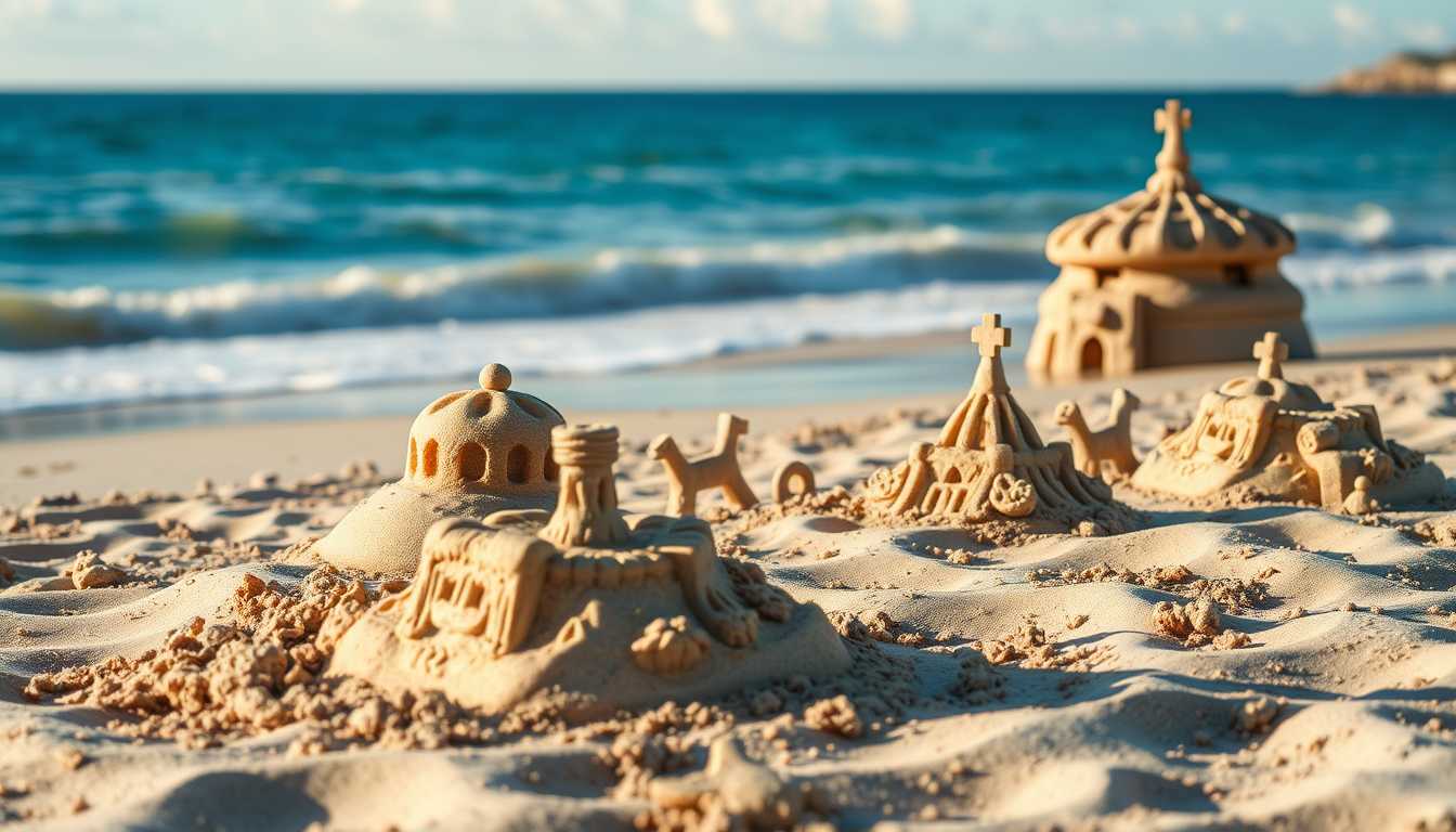 a beach filled with sand castles