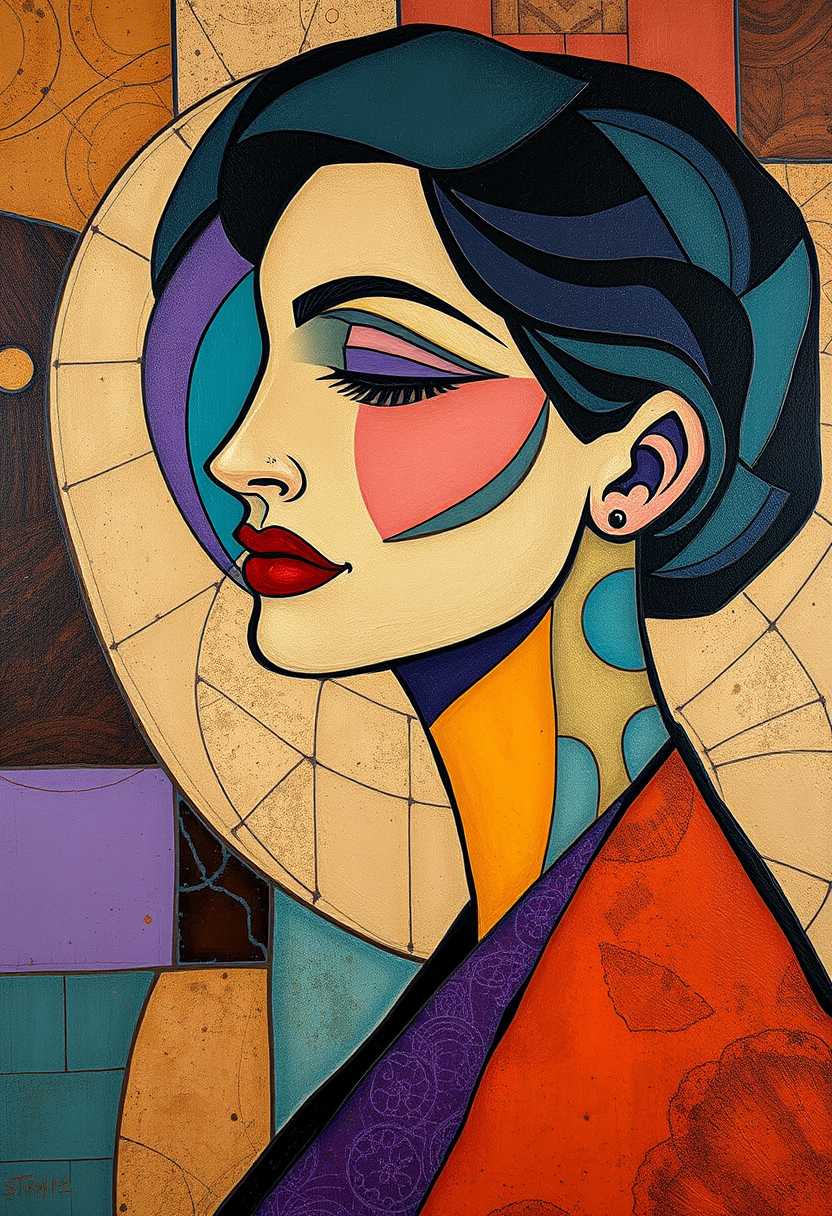 an abstract painting of a woman with purple, neocubism, amber and teal, romanesque, mosaic, sepia, wallpaper