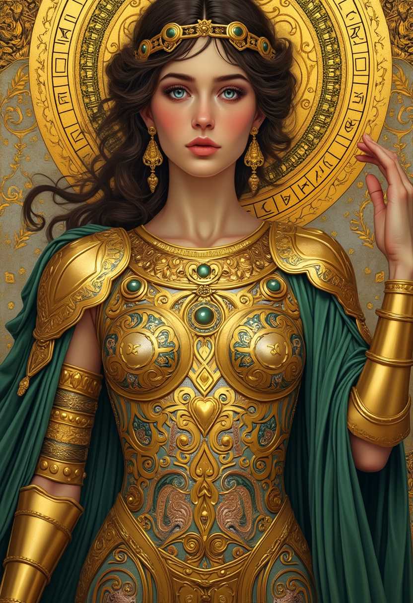 Athena, the goddess of wisdom, depicted in the artistic style of Gustav Klimt. She stands majestically at the center, exuding a serene yet powerful aura. The background is a rich tapestry of gold leaf and intricate patterns, characteristic of Klimt's signature style. Athena's armor glistens with ornate, swirling designs, interwoven with hues of gold, copper, and emerald green, reflecting the opulent textures Klimt was known for. Her eyes are a piercing, wise blue, and her expression is calm and contemplative. Golden halos and divine symbols surround her, enhancing her divine presence. Soft, ethereal lighting bathes the scene, casting delicate shadows that add depth to the intricate details. The composition uses a symmetrical layout, with Athena slightly to the right of center, creating a balanced yet dynamic visual. The overall atmosphere is one of reverence, wisdom, and timeless beauty, underlined by meticulous, decorative elements and a harmonious color palette.