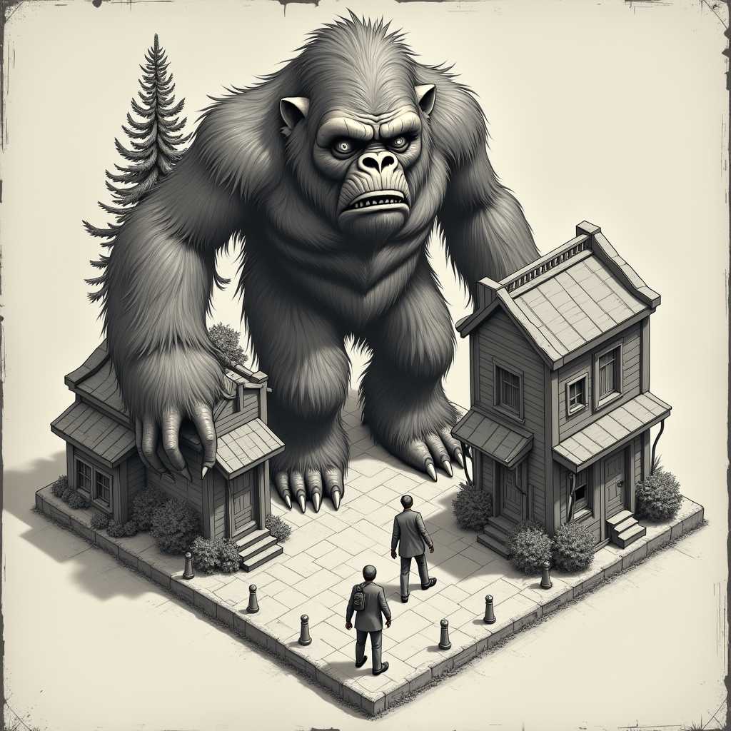 Unreal Engine render, vintage movie, CAD, archwatercolor, archsketch, isometric, bigsquatch, mad-ropolis-movie , black and white , 1920s, Illuminationstyle, ugly, caffeine, caffeine, ugly