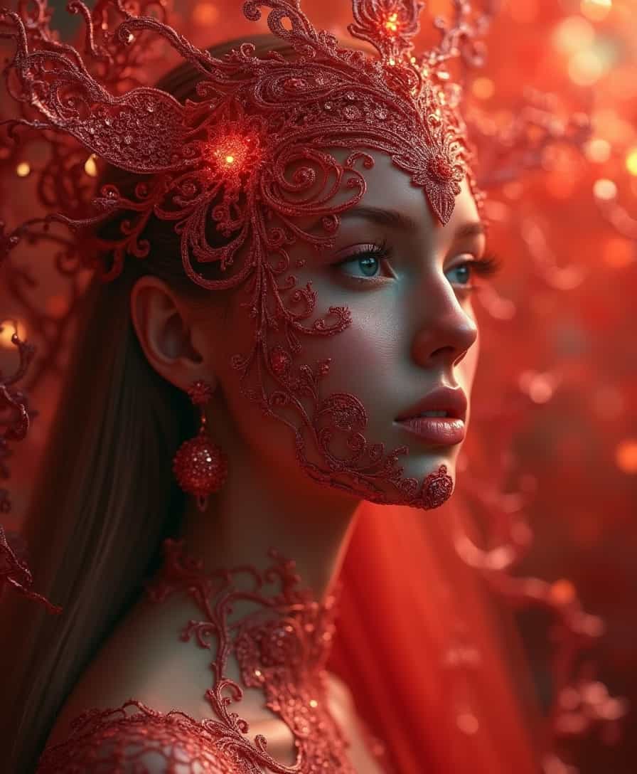 photo RAW, (goddess of the coralbugFLUX), shiny aura, highly detailed, red filigree, intricate motifs, organic tracery, glowing stardust , perfect composition, smooth, sharp focus, sparkling particles, lively coralbugFLUX background realistic, realism, hd, 35mm photograph, 8k, masterpiece, award winning photography, natural light, perfect composition, high detail, hyper realistic