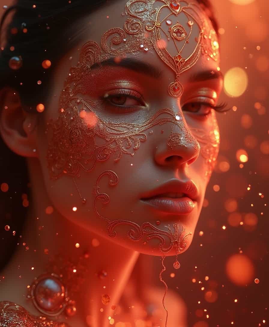 photo RAW, (goddess of the coralbugFLUX), shiny aura, highly detailed, red filigree, intricate motifs, organic tracery, glowing stardust , perfect composition, smooth, sharp focus, sparkling particles, lively coralbugFLUX background realistic, realism, hd, 35mm photograph, 8k, masterpiece, award winning photography, natural light, perfect composition, high detail, hyper realistic