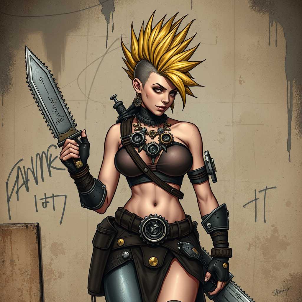 "Create a steampunk-inspired illustration of a fierce warrior woman, featuring:

    A prominent chainsaw knife as her primary weapon
    A distinctive mohawk hairstyle with spiked accents
    A spiked choker necklace adding to her edgy aesthetic
    Arm guards for protection and intimidation
    A technological skirt that showcases her innovative and resourceful nature
    Set against a gritty backdrop of oil-spattered walls
    Incorporate scribbles or graffiti on the walls to add to the industrial, post-apocalyptic atmosphere

Capture the essence of this steampunk warrior woman, emphasizing her strength, resilience, and technological prowess."