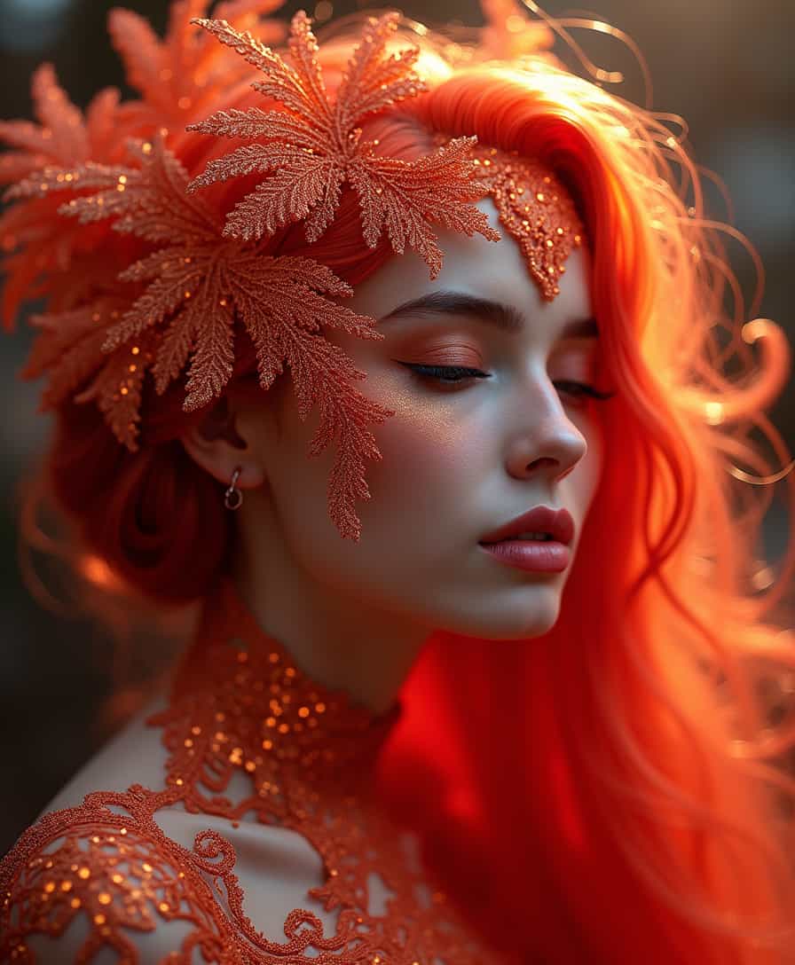photo RAW, (goddess of the coralbugFLUX), shiny aura, highly detailed, red filigree, intricate motifs, organic tracery, glowing stardust , perfect composition, smooth, sharp focus, sparkling particles, lively coralbugFLUX background realistic, realism, hd, 35mm photograph, 8k, masterpiece, award winning photography, natural light, perfect composition, high detail, hyper realistic