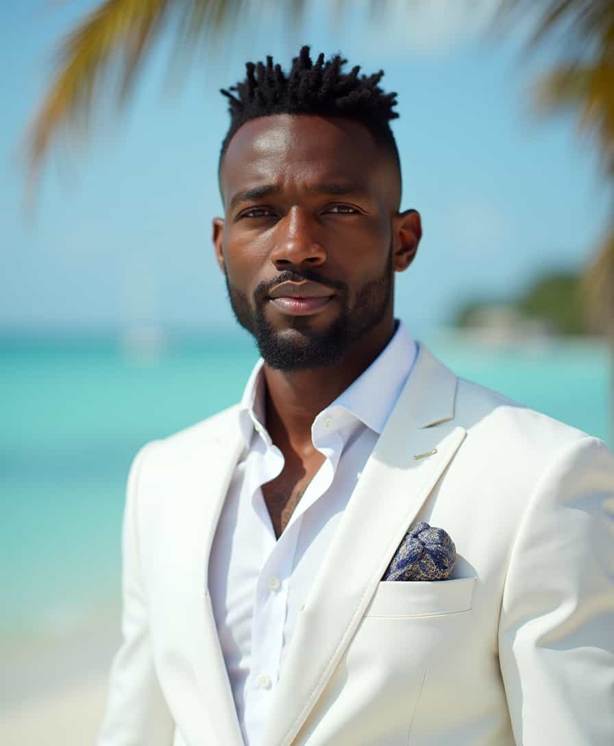 portrait of a b4dsp7ncer man in white business suit, bahamas background, 8k uhd, dslr, soft lighting, high quality, film grain, Fujifilm XT3, hasselblad, gigapixel, detailed hair, detailed body, (detailed face and eyes:1.1), (depth of field:0.6), Leica, 8K HDR, High contrast, shadows, bokeh