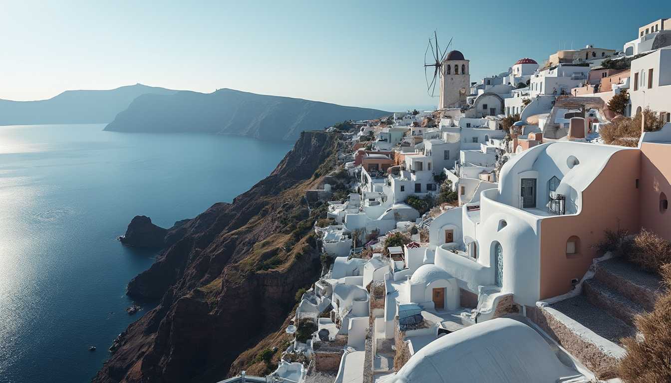 (best quality), (photorealistic), (HDR), 8k, air photo from a drone of beautiful Greek island Santorin in the mediterranean sea