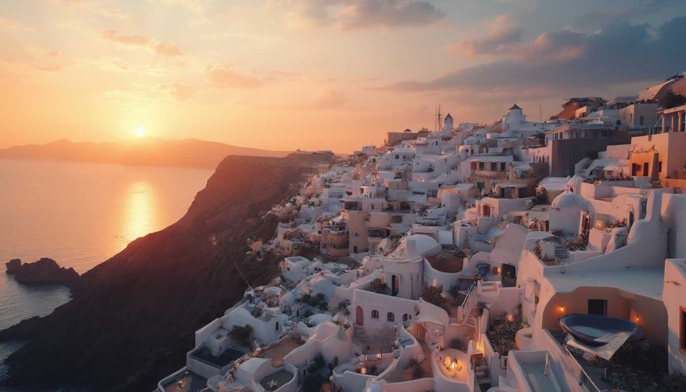 (best quality), (photorealistic), (HDR), 8k, air photo from a drone of beautiful Greek island Santorin in the mediterranean sea, golden hours, sunset, 