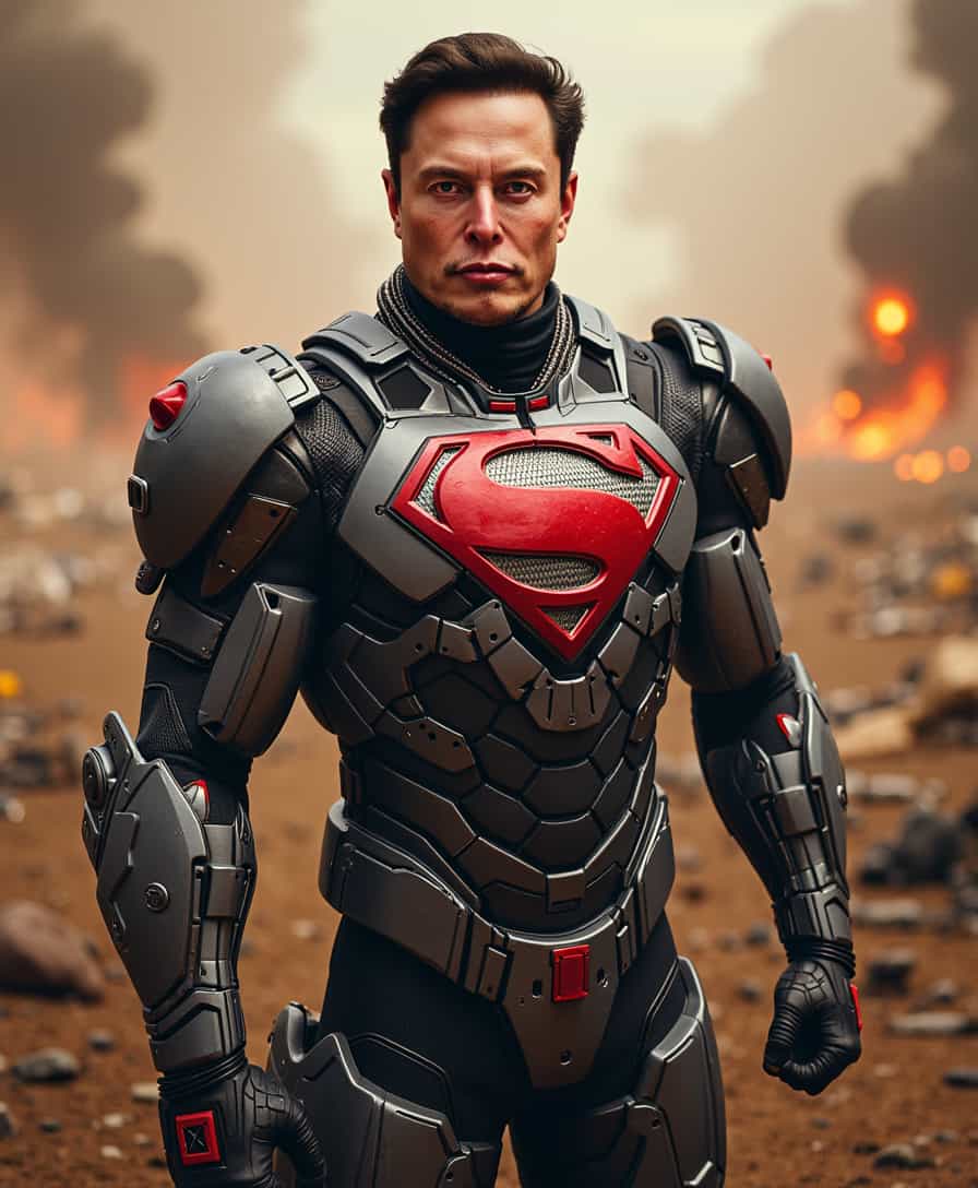 Armored figure evocative of Superman stands resolute amidst chaos