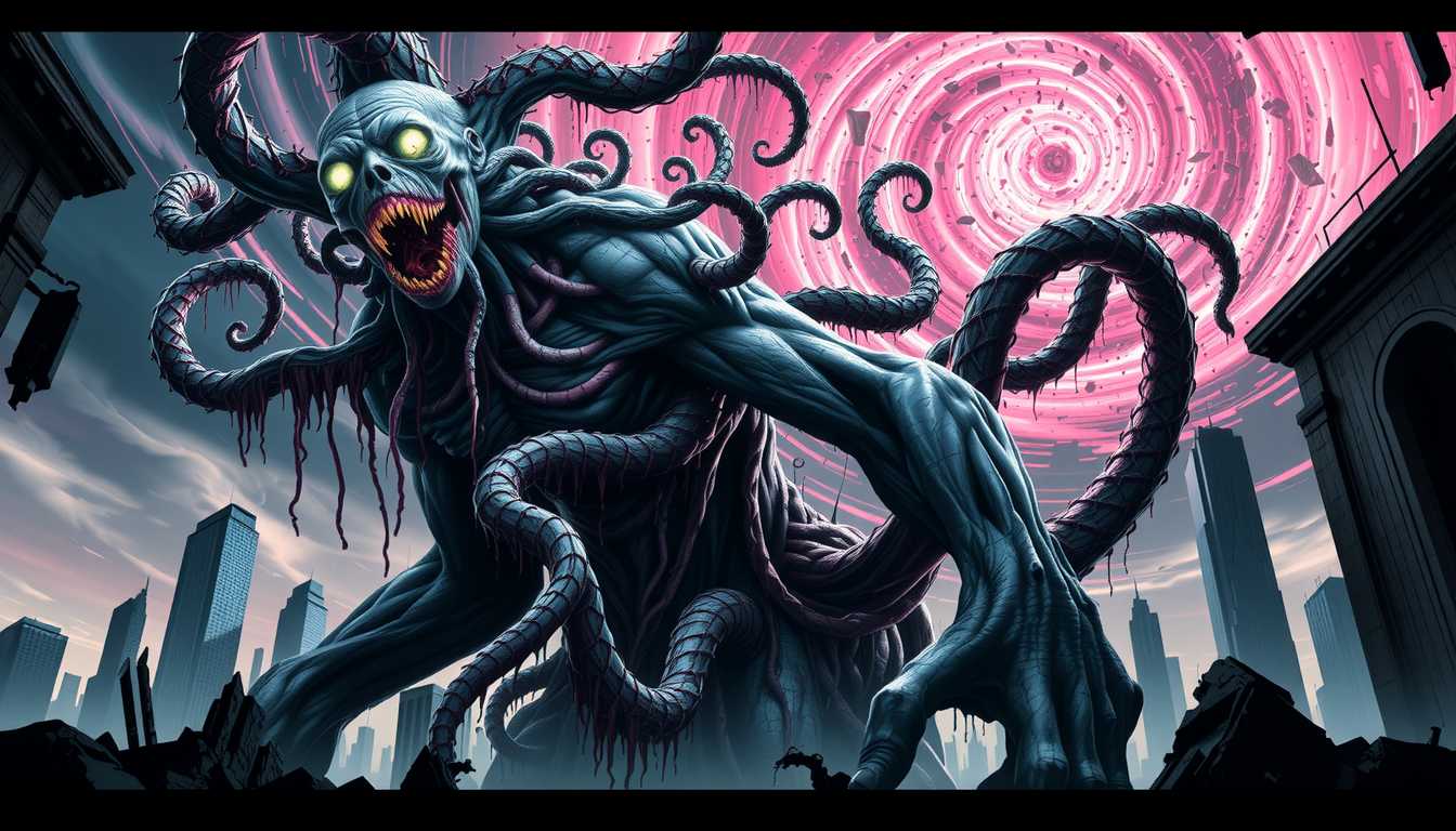 In Style of COS, Ultra Sharp Details, A 384-bit pixel graphics image of a massive, humanoid creature with a twisted, shifting mass of writhing tentacles and pulsating flesh. The creature has grotesque, gaping mouths scattered across its torso and limbs, each dripping with dark ichor. The creature's head is a mix of human features and monstrous deformities, with multiple glowing eyes set at odd angles and jagged teeth extending in impossible directions. The background is the ruins of a once-great city, with crumbling skyscrapers. The sky is filled with a chaotic swirl of otherworldly energy, casting eerie neon hues over the desolation.