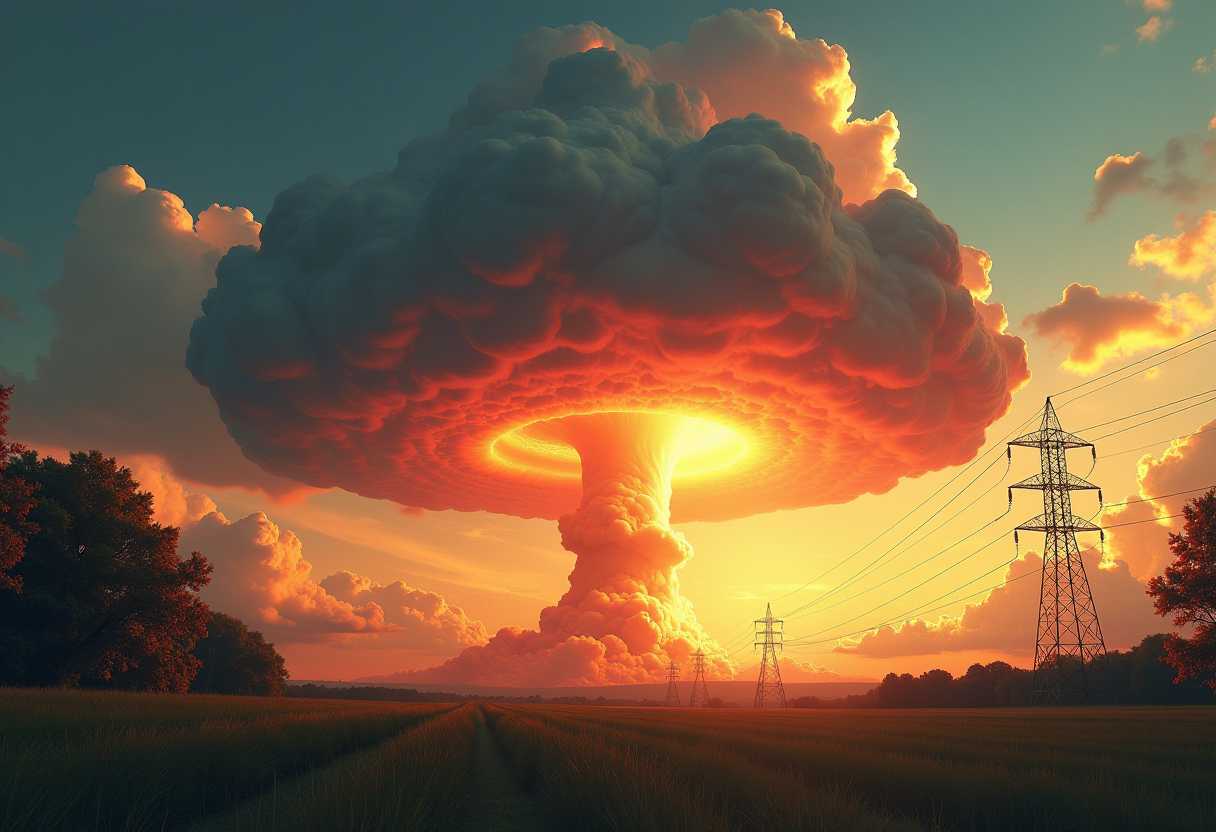 masterpiece,absurd resolution,8k, fallout,nuke,explosion,mushroom cloud,outdoors,sky,cloud,tree,no humans,cloudy sky,scenery,sunset,power lines,landscape