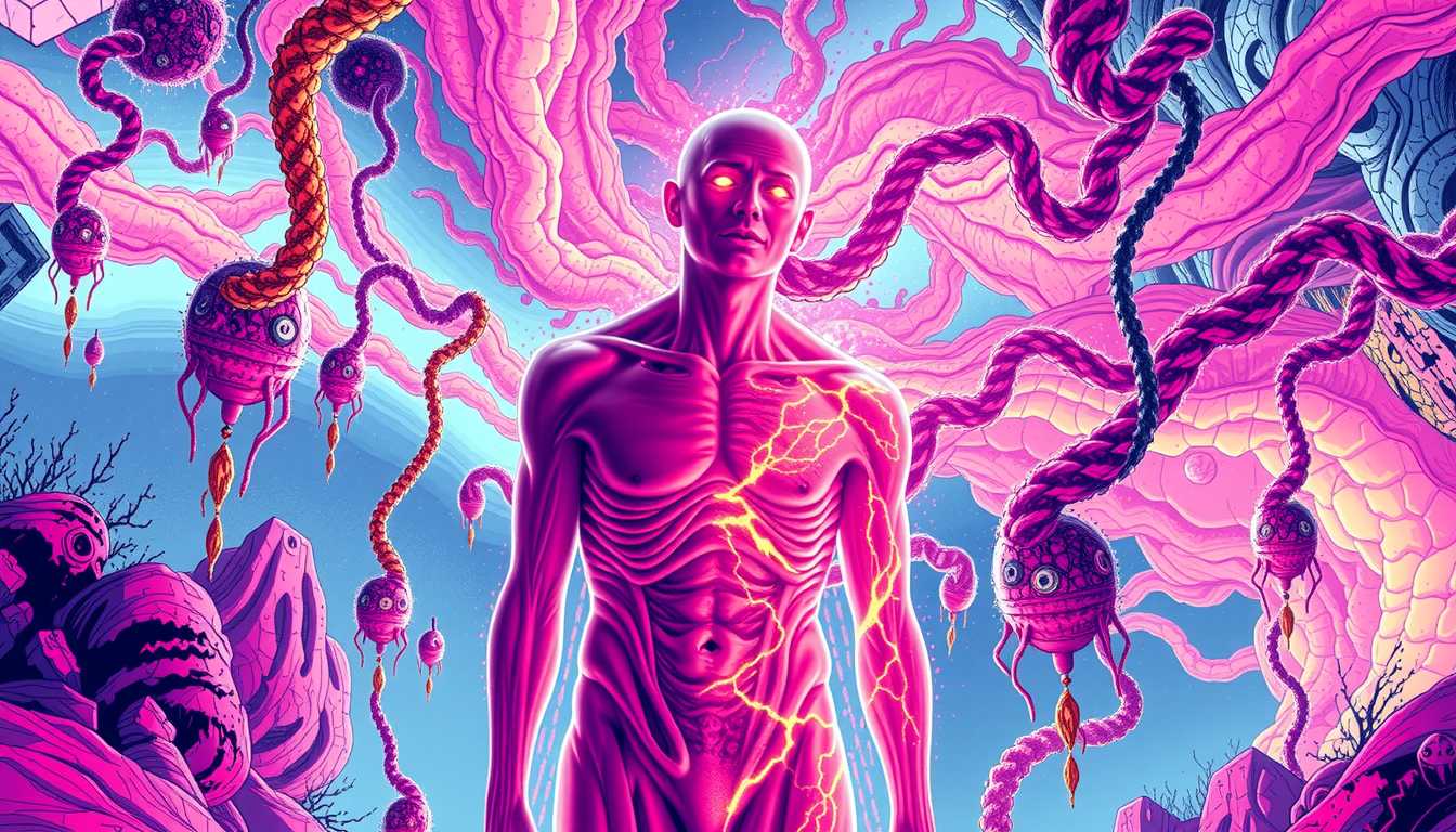 In Style of COS, CNSTLL, Ultra Sharp & Detailed 256-bit Pixel Art Style, Graphic Novel illustration: A human figure stands at the center of a vibrant, surreal scene. Their body is halfway through a transformation, their skin glowing with an iridescent hue, veins of radiant magenta and purple coursing through them. Parts of their body appear transparent, almost crystalline, as if turning into something otherworldly. Their eyes glow brightly, reflecting the cosmic hues, as the color out of space twists their form beyond recognition, warping their very DNA.