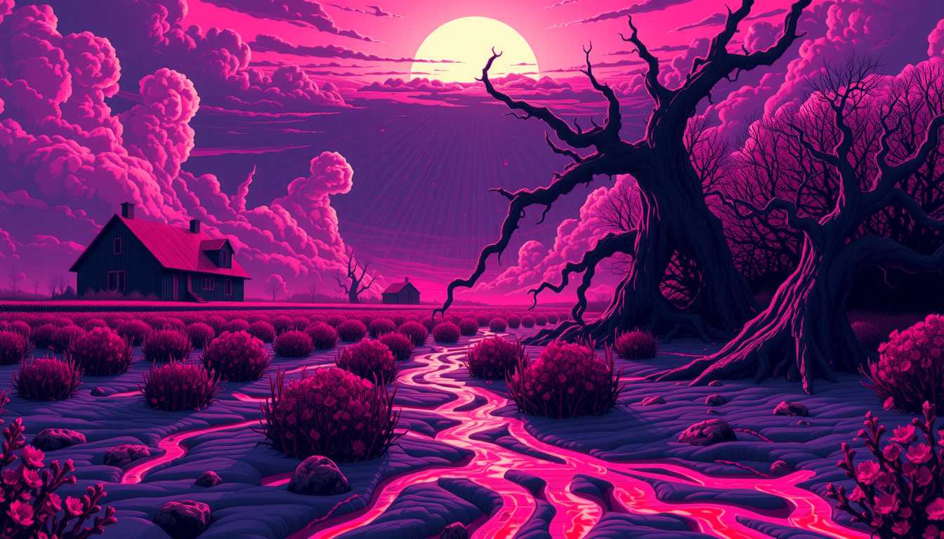 In Style of COS, CNSTLL, Ultra Sharp & Detailed 256-bit Pixel Art Style, Graphic Novel illustration: A once serene countryside now twisted into an alien hellscape. The ground ripples with glowing fissures as if the earth is being slowly consumed by the color. Above, the clouds burn with a strange pinkish-purple hue, and the sun, instead of its usual golden glow, has been replaced by an orb of impossible, shifting colors. Trees are twisted and malformed, with tendrils of vibrant light emanating from their trunks.