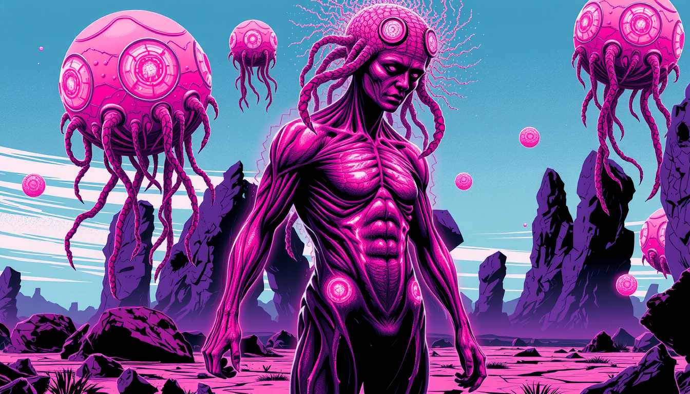 In Style of COS, CNSTLL, Ultra Sharp & Detailed 256-bit Pixel Art Style, Graphic Novel illustration: Visualize a humanoid figure standing at the center of an alien landscape. Their body pulses with vibrant pink and purple light, as their skin cracks, revealing glowing veins beneath. Above them, floating orbs with strange, otherworldly designs hover, trailing long, tendrilled appendages as they observe this metamorphosis. The figure’s transformation is as much mental as it is physical, shifting into something beyond human.