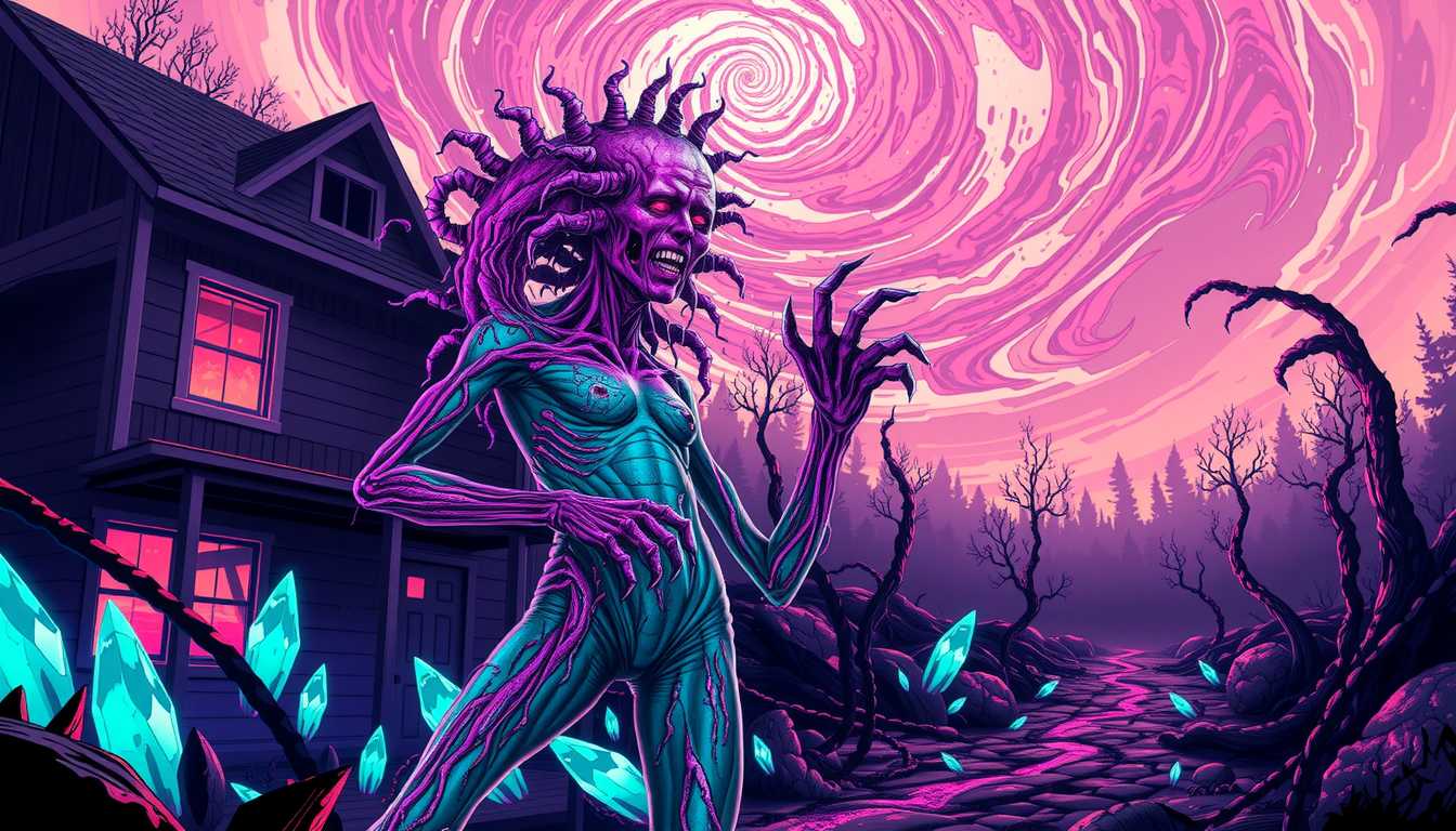In Style of COS, CNSTLL, Ultra Sharp & Detailed 256-bit Pixel Art Style, Graphic Novel illustration: The scene captures the grotesque and tragic transformation of the mother, her once-human form now fused with an otherworldly entity. Her skin glows faintly with vibrant, iridescent hues--shifting between violet, magenta, and sickly green as the color out of space engulfs her. Her body has begun to merge with the organic matter around her, her limbs unnaturally elongated and twisted, veins glowing beneath the surface as her flesh slowly crystallizes. One side of her face is frozen in a look of horror, while the other is grotesquely distorted, skin pulled tight over the sharp, alien growths protruding from her skull. In the background, the farmhouse appears warped, with strange crystalline structures growing through the walls and floor. Her surroundings pulse with alien light, as tendrils of glowing energy rise from the ground, wrapping around her mutated form. The sky above swirls with the unearthly colors that began her transformation, casting everything in an eerie, neon glow. Ultra-sharp pixel graphics capture every detail--the gleam of the crystal-like growths, the twisted agony of her face, and the vivid, shifting colors that embody the otherworldly force overtaking her.