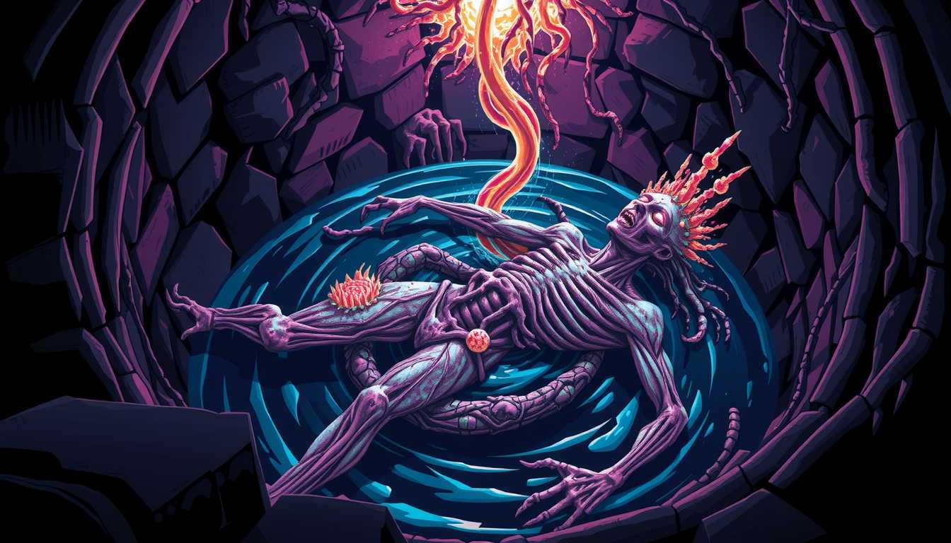 In Style of COS, CNSTLL, Ultra Sharp & Detailed 256-bit Pixel Art Style, Graphic Novel illustration: image of a dark, ominous well. At the bottom of the well, Merwin's remains are barely recognizable. His body, once youthful and full of life, is now a grotesque mass of half-dissolved flesh and bone, twisted into unnatural shapes. Patches of his skin have liquefied, revealing glowing, crystalline formations growing where muscle and bone should be. His limbs are contorted, with some fused with the strange, iridescent fluid that seeps from the well's depths, and his face, now only a skeletal mask, still bears the faint glow of the color that consumed him. The well itself is a swirling vortex of unnatural light, casting eerie reflections onto the water and stone. Ultra-sharp pixel graphics capture every detail of the horrifying fusion of his dissolving body with the alien presence, the unnatural colors swirling through the well, and the grotesque stillness.

