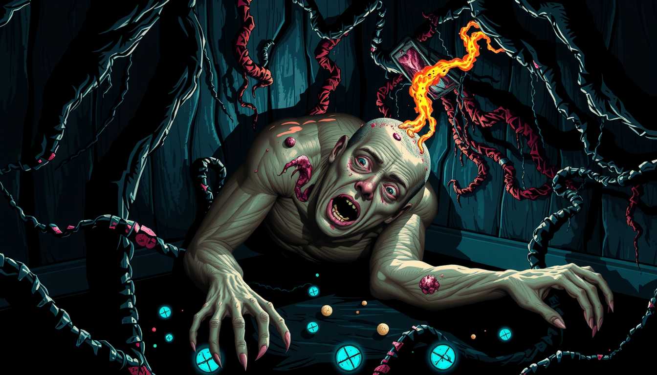 In Style of COS, CNSTLL, Ultra Sharp & Detailed 256-bit Pixel Art Style, Graphic Novel illustration: of Thaddeus Gardner lying slumped in the corner of a dark, twisted room. His body is contorted in agony, and his eyes are wide with terror. His skin has a faint, unnatural glow, and patches of it are bubbling and deforming. His hands are misshapen, with fingers twisting at impossible angles. The walls behind him are warping and pulsating with color. The ultra-sharp pixel graphics bring out the sharp, agonizing details of his form, the glistening deformities on his body, and the unnatural, shifting light that fills the room.
