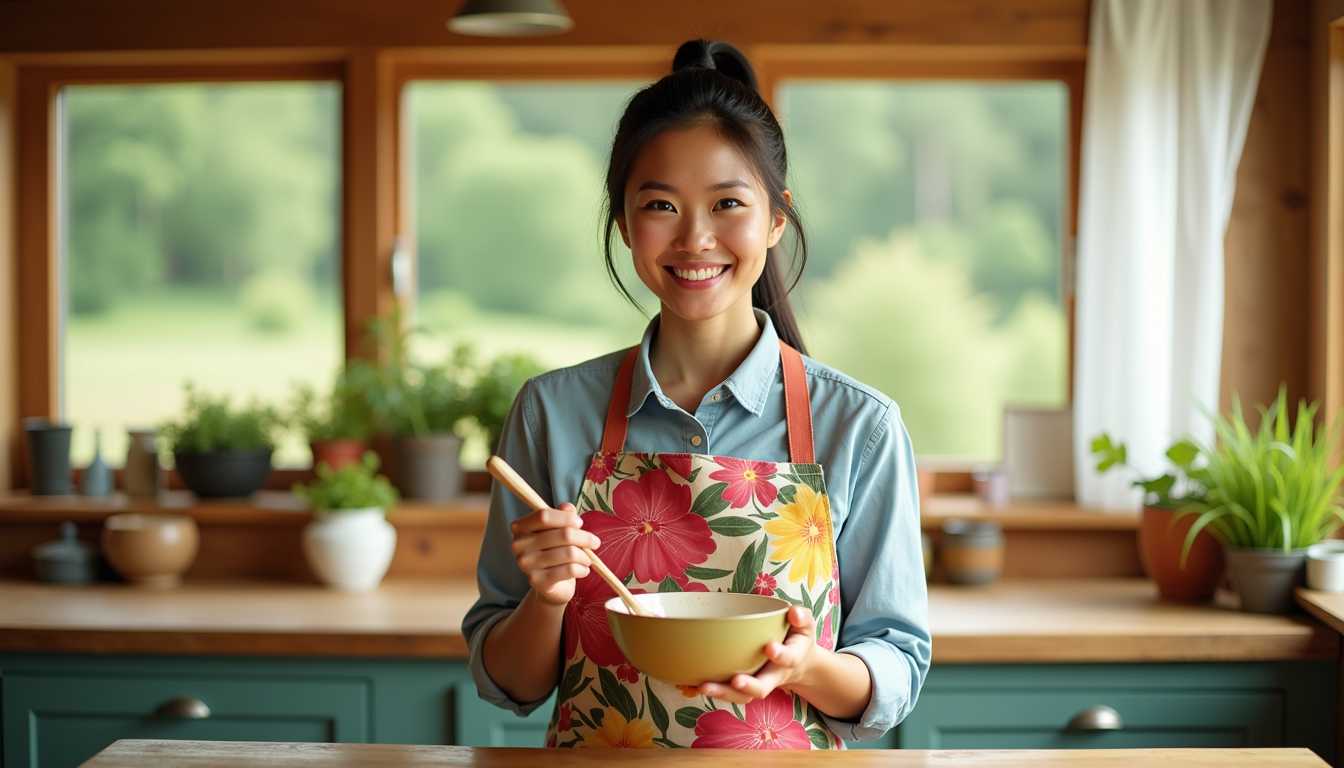 A cute, little Asian American woman with a warm, inviting smile stands in a cozy, rustic homestyle kitchen on a farm, styled for the Food Network. Her ears peek charmingly from behind her neatly tied ponytail, and she wears a colorful flower print apron over casual, comfortable clothes. The kitchen is filled with natural light that streams through large windows, illuminating wooden countertops, vintage kitchenware, and potted herbs on the windowsill. She holds a ceramic bowl steady with one hand while deftly stirring with a wooden spoon in the other, exuding a sense of homely expertise. Her bright, expressive eyes meet the viewer’s gaze directly, creating an engaging and friendly connection as she hosts her television cooking show. The atmosphere is warm and inviting, with the inspiring feeling of creativity and comfort, reminiscent of a sunny afternoon on the farm. The framing is medium-shot, capturing her from the waist up in a slight three-quarter angle, emphasizing the charming interaction with the audience.