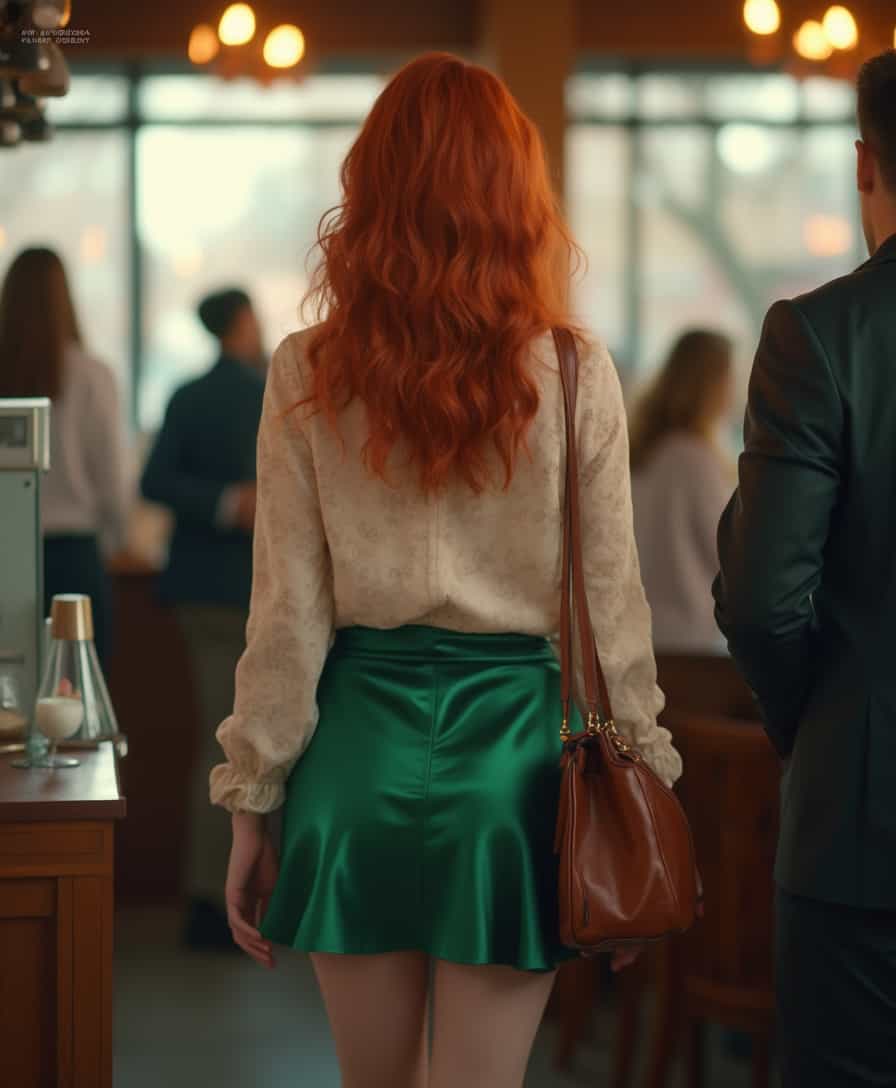 The photograph captures a diminutive young redheaded woman standing in line at a Starbucks. Her vibrant, wavy red hair cascades down to her shoulders, catching the soft, ambient light of the coffee shop. She has a slightly fuller figure, accentuated by a narrow waist that is highlighted by a short, emerald green silk skirt. The skirt flutters just above her knees, revealing toned legs that end in stylish ankle boots. Her blouse, a delicate cream color with a subtle floral pattern, fits snugly, emphasizing her curves without being overtly tight. The blouse's sleeves are rolled up to her elbows, showcasing her slender arms. She holds a leather handbag casually over one shoulder, her other hand resting on her hip as she waits in line, seemingly unaware of the viewer's gaze. The backdrop of the coffee shop includes a warm, inviting atmosphere with wooden accents and soft, diffused lighting. The light from the large windows creates a gentle halo effect around her, drawing attention to her without overpowering the scene. The composition uses a shallow depth of field, keeping the focus on her while the background remains softly blurred, adding to the sense of candid intimacy.