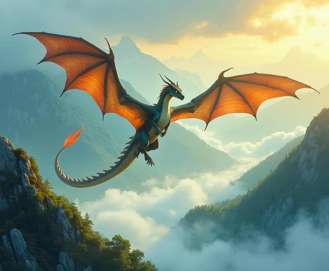 A vibrant watercolor digital painting (style) in a fantasy setting (genre), showing a dragon soaring over misty mountain peaks (subject). The camera is set at a wide angle from below (camera angle), capturing the dragon’s majestic flight (action). The mood is powerful and serene (emotion), with soft golden morning light filtering through the mist (lighting). The color palette includes pastel blues, greens, and golds (color palette), creating an ethereal atmosphere.
