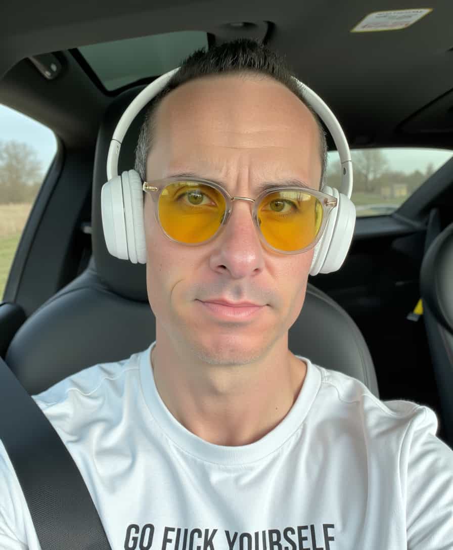 a photo of BLOVE, man with short hair, looking at viewer, wearing high-end thick white fashion sunglasses, clear frames and yellow tint lenses, wearing futuristic headphones. His shirt reads “GO FUCK YOURSELF”