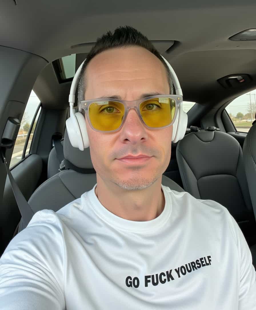 a photo of BLOVE, man with short hair, looking at viewer, wearing high-end thick white fashion sunglasses, clear frames and yellow tint lenses, wearing futuristic headphones. His shirt reads “GO FUCK YOURSELF”