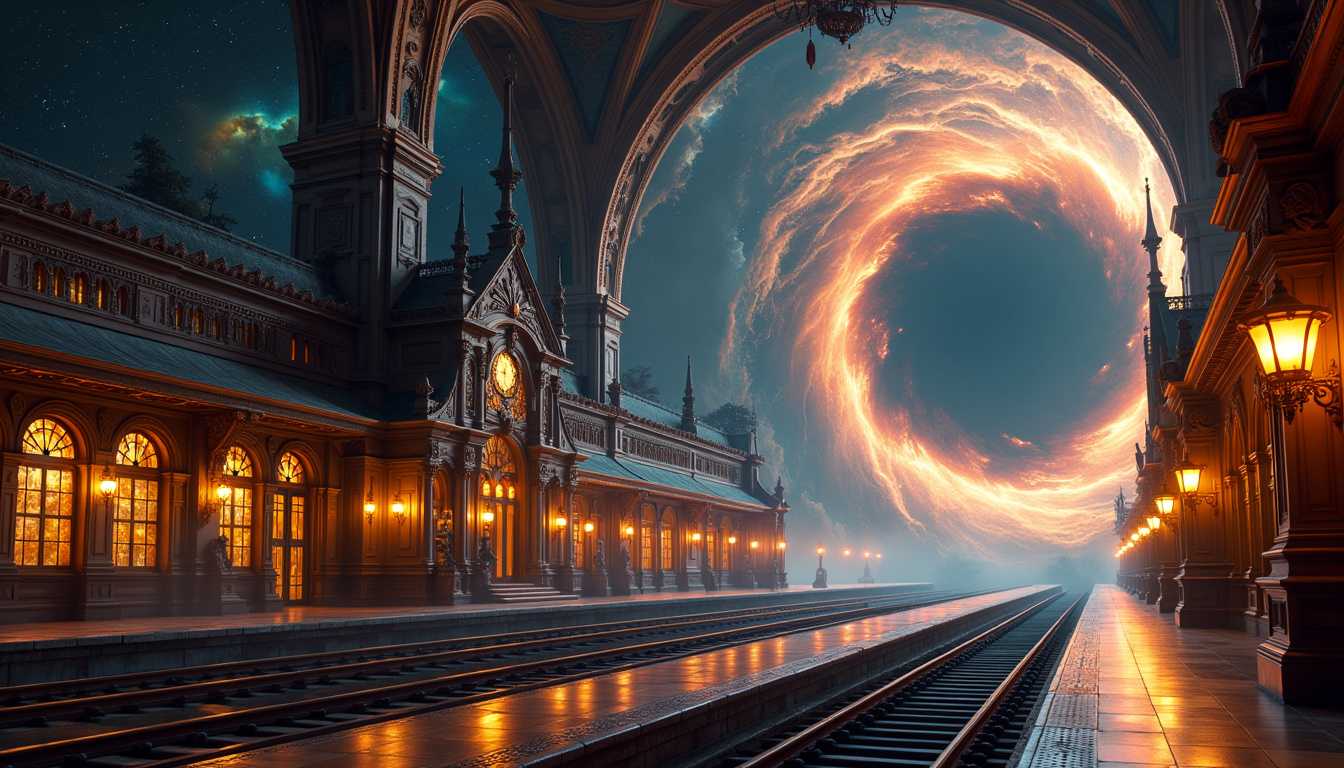 **Prompt**: An infinitely large Victorian train station situated at the edge of a black hole in the far reaches of the galaxy. The train station, built in the grand Victorian architectural style, boasts intricate ironwork, towering spires, and large, ornate glass windows. The station is adorned with gas lamps that cast a warm, golden glow, contrasting sharply with the cold, dark void of the surrounding cosmos. The sunlight filters through the intricate stained glass, creating a kaleidoscope of colors on the polished marble floors. 

In the background, the black hole, with its swirling accretion disk of vibrant, distorted light, serves as a surreal and awe-inspiring backdrop, warping space around it. The vastness of the galaxy stretches out beyond, dotted with distant stars and nebulae, casting an eerie, otherworldly illumination. The station’s platforms extend infinitely, seemingly floating in the void, defying conventional physics.

The mood is a blend of eerie solitude and grandiosity, a timeless moment caught between the Victorian era and the infinite mysteries of the cosmos. The composition is framed from a low, wide-angle perspective, capturing both the immense scale of the station and the looming presence of the black hole. The overall atmosphere is one of melancholic beauty, with
