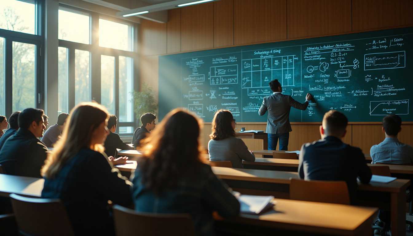 (photorealistic), (night shot), (cinematic), (high resolution), (intrinsic details), 8k, lecture hall full of students, math professor in front explain complex mathematic algorithm on lecture hall board, high windows, sunlight come through windows