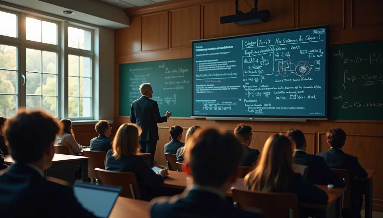 (photorealistic), (night shot), (cinematic), (high resolution), (intrinsic details), 8k, lecture hall full of students, math professor in front explain complex mathematic algorithm on lecture hall board, high windows, sunlight come through windows