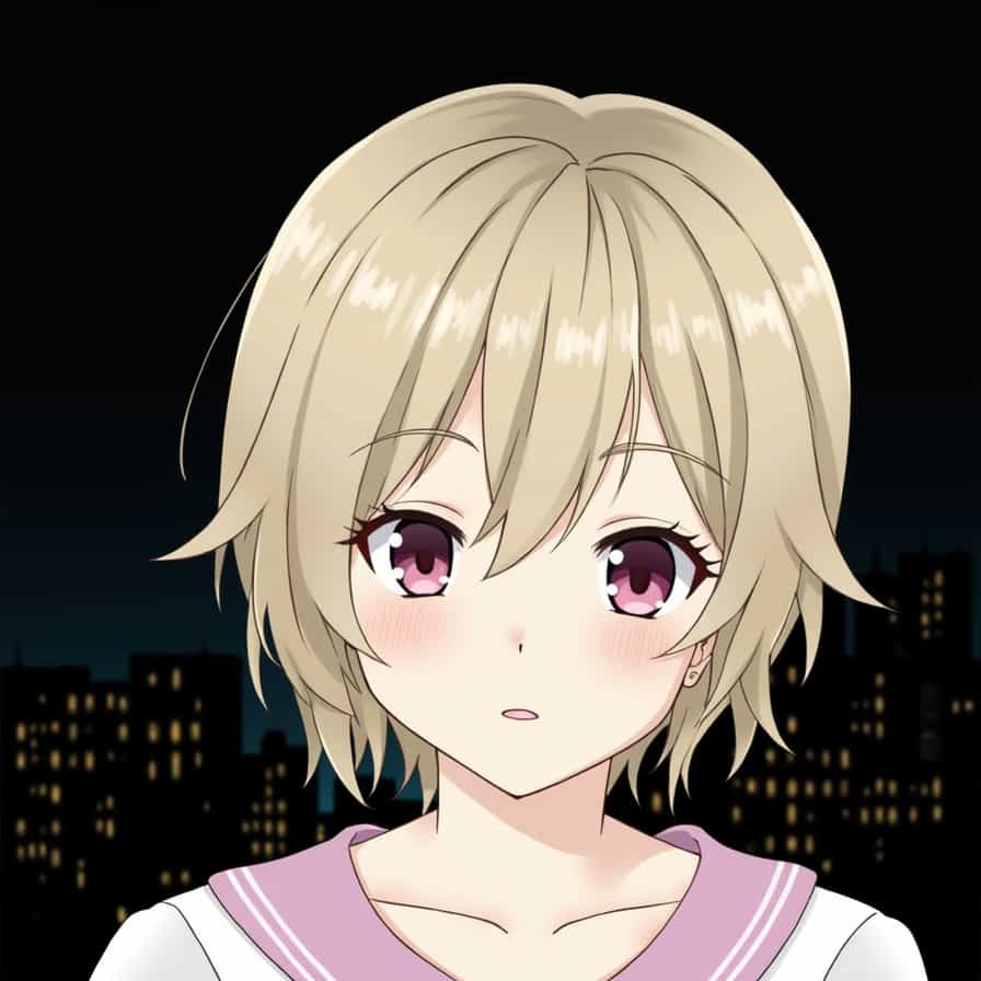 anime character, blonde hair, short hair, pink-purple eyes, city scape background, blurred background, detailed background