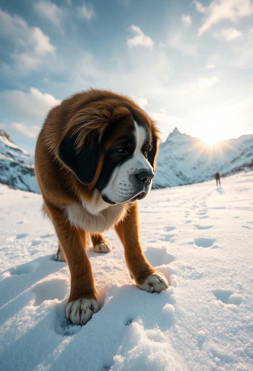 A majestic Saint Bernard dog, with a thick, well-groomed fur coat of deep brown and white patches, is intently sniffing the frosty terrain of the Italian Alps. The scene is set during a brisk winter afternoon, with the sun beginning to set, casting a golden hue over the snow-clad mountains. The dog, strong and determined, is in the foreground, captured from a low-angle perspective to emphasize its nobility and strength. Behind the dog, the towering Alpine peaks loom under a partly cloudy sky, while the expansive snowfield stretches into the horizon, blending into the misty atmosphere. The snow under the dog's paws is fresh and powdery, marked only by its tracks and the occasional path of a distant, wandering traveler. The scene exudes a sense of urgency and hope, with the snowflakes gently falling, adding to the serene, yet tense ambiance of the moment. Capture this scene in a hyper-realistic style, focusing on intricate details like the dog’s fur texture and the crystalline quality of the snow, using techniques similar to those found in high-definition wildlife photography.