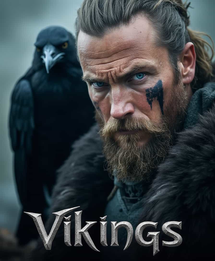 poster (text:vikings )Silver metallic text letters,Poster of Travis Fimmel as Ragnar Lothbrok with a Black Raven: A close-up shot focuses on the intense,piercing blue eyes of Travis Fimmel as Ragnar Lothbrok. Face war painting. His weathered face,framed by his iconic beard and tattoos,conveys a sense of determination and power. Perched on his shoulder,a black raven stares menacingly into the distance,symbolizing the presence of Odin., Title: Vikings metal letters The background is subtly blurred to keep the attention on Ragnars face and the raven,with dark,stormy tones that enhance the atmosphere. The title Vikings is subtly placed at the bottom in ancient runic font,adding to the epic and cinematic feel of the poster,