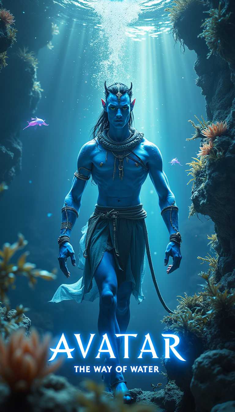 Create a stunning movie poster inspired by Avatar: The Way of Water. The poster should feature an ethereal underwater landscape with vibrant,bioluminescent flora and fauna. Central to the design,include a majestic,futuristic Na'vi character in a dynamic pose,partially submerged in crystal-clear water. close up shot of the male character,wearing an underwater outfit,Surround the character with floating aquatic creatures,glowing coral reefs,and a backdrop of a vast,alien oceanic world. Use rich blues and greens to evoke the sense of an otherworldly aquatic paradise,with intricate details and a sense of depth. The title "AVATAR" should be prominently displayed in a bold,futuristic font at the bottom. The overall tone should be immersive and visually captivating,capturing the awe-inspiring beauty of the underwater realm,with the tagline "Coming Soon on ShakkerAI" in small text at the bottom,