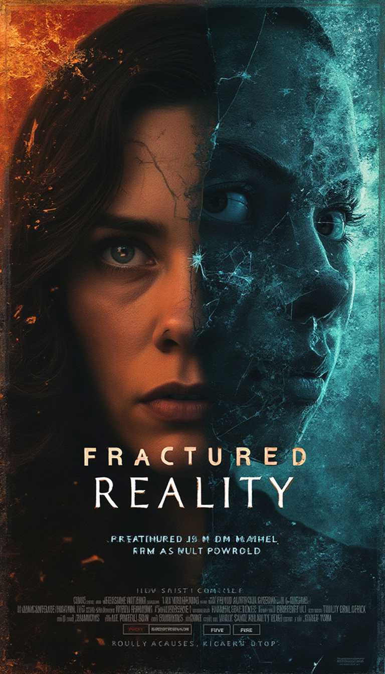 Poster for Fractured Reality, a psychological drama with a plot twist, dual-tone design with contrasting warm and cold palettes, unsettling imagery, shattered mirror effect, bold, modern font for the title, intense emotional expressions, cinematic shadows and highlights