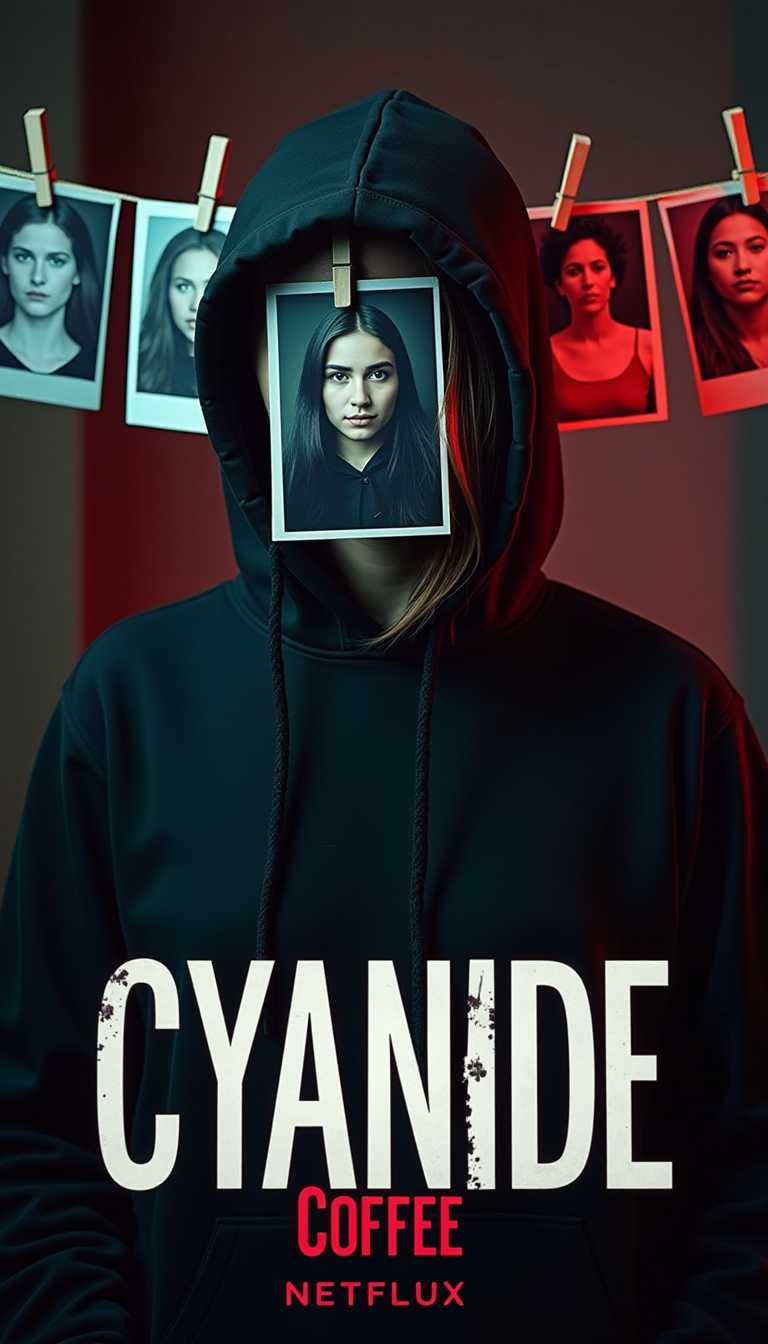 The image is a movie poster for the movie series,The image have a title effect design with the words "Cyanide Coffe" written in white capital letters . The letters are arranged in a 3D style,with the "C" and "C" being larger than the rest of the text. The text is slightly slanted. It features a close-up of the main character in the center and his face is covered by one of the photos,So his head is covered in the photo but his body is still visible. She is wearing a black hoodie  and is standing in a dimly lit room with a red light shining on her face. In front of head there is a collection of photos,there are several photographs hanging on a clothesline. The photographs are of different ages,genders,and ethnicities. The title of the series is written in slicing font style and bold white letters at the bottom of the poster,with the 'Netflux' title on red in the bottom right corner.,