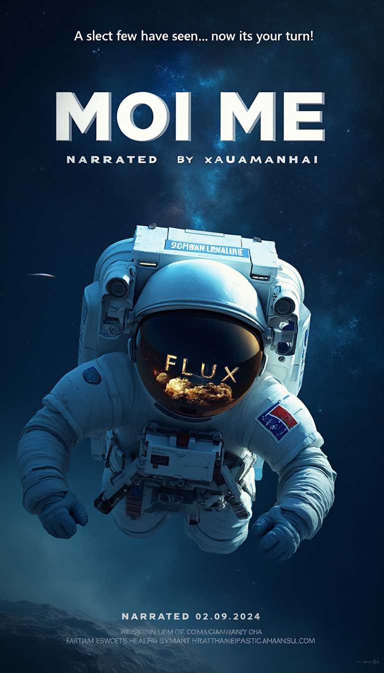 Design a detailed IMAX 3D movie poster set in space, focusing on an astronaut floating in the vastness of the universe. The astronaut’s helmet visor should prominently reflect Earth and a cloud spelling Flux. The background should be a star-filled deep space. At the top, include the text MOI ME in a bold, futuristic font, with the tagline A select few have seen... now its your turn! below it. At the bottom, add Narrated by Xuanmanhai. The overall tone should be epic, cinematic, and futuristic, evoking grandeur and discovery.Ensure that the release date 02.09.2024 is displayed at the bottom,style of Vincent van Gogh