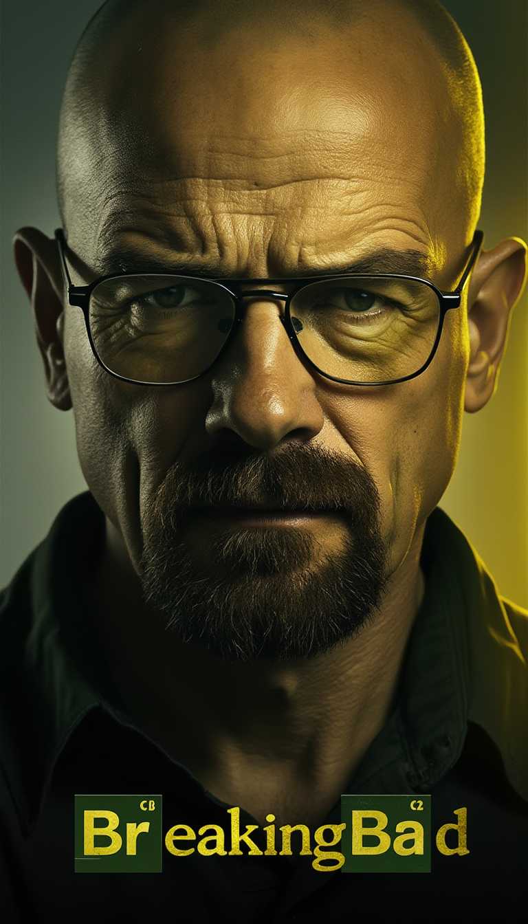poster (text:breaking bad ),add yellow text of breaking bad,Poster of breaking bad,The poster should feature Walter White as Bryan Cranston,hes wearing his ((brok glasses)),focus on his face,conveys a sense of power,In background there is gray,the Crime-drug drama movie theme,realistic,high-resolution,warm color,dslr,Title: breaking bad is subtly placed at the bottom of the poster,add light reflex