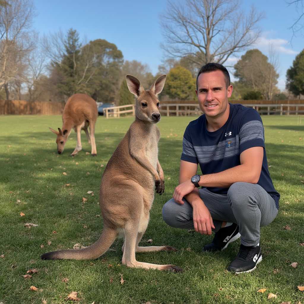  Create a scene with a kangaroo standing upright on its hind legs, facing slightly to the left with a relaxed and curious expression. The kangaroo is in the foreground, occupying roughly onethird of the image space. In the background, BLOVE man is squatting down to the kangaroos height, wearing a navy blue sports tshirt with a lightcolored stripe and a logo on the chest, grey sweatpants, and black sneakers. The person is looking at the camera with a content smile. The setting is a grassy field with scattered leaves, under a clear blue sky. In the distance, there are trees and a wooden fence. There is another kangaroo in the background, grazing on the grass. The overall atmosphere is peaceful and natural. The lighting is soft and warm, suggesting it might be either early morning or late afternoon. The shadows are gentle, and the highlights are subtle, giving the image a serene quality. The colors are vibrant and harmonious, with the greens of the grass and the browns of the fence and trees creating a natural palette. The blues of the sky and the kangaroos fur add depth and contrast to the scene. The textures are varied, from the roughness of the kangaroos fur to the smoothness of the grass and the blove clothing. The wooden fence and the leaves on the grass also introduce tactile elements to the image.